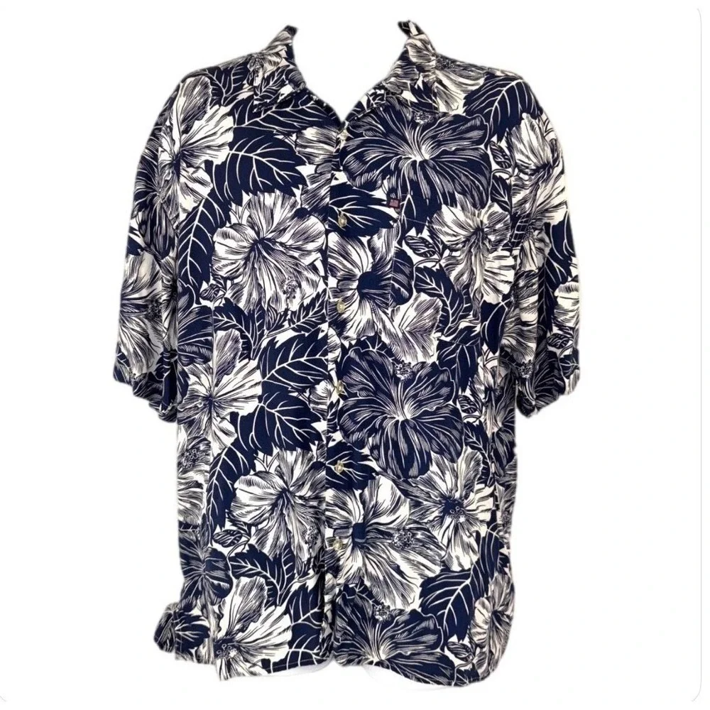 Polo Jeans Co Ralph Lauren Shirt Mens 2XL Blue Hibiscus Floral Rayon Hawaiian